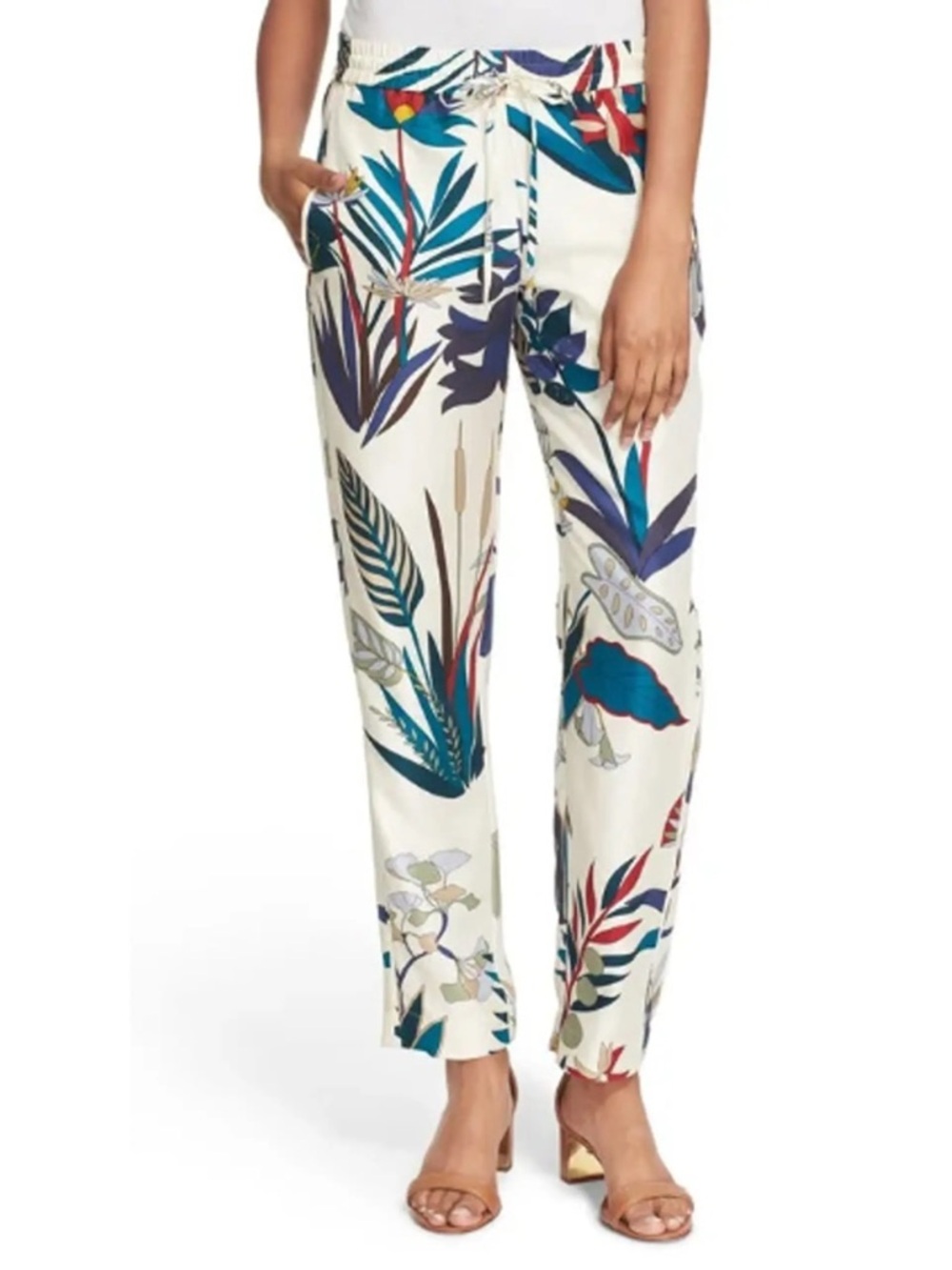 Tory Burch 100% Silk Botanical Tropical Floral Print Adele Pants Vacation Resort